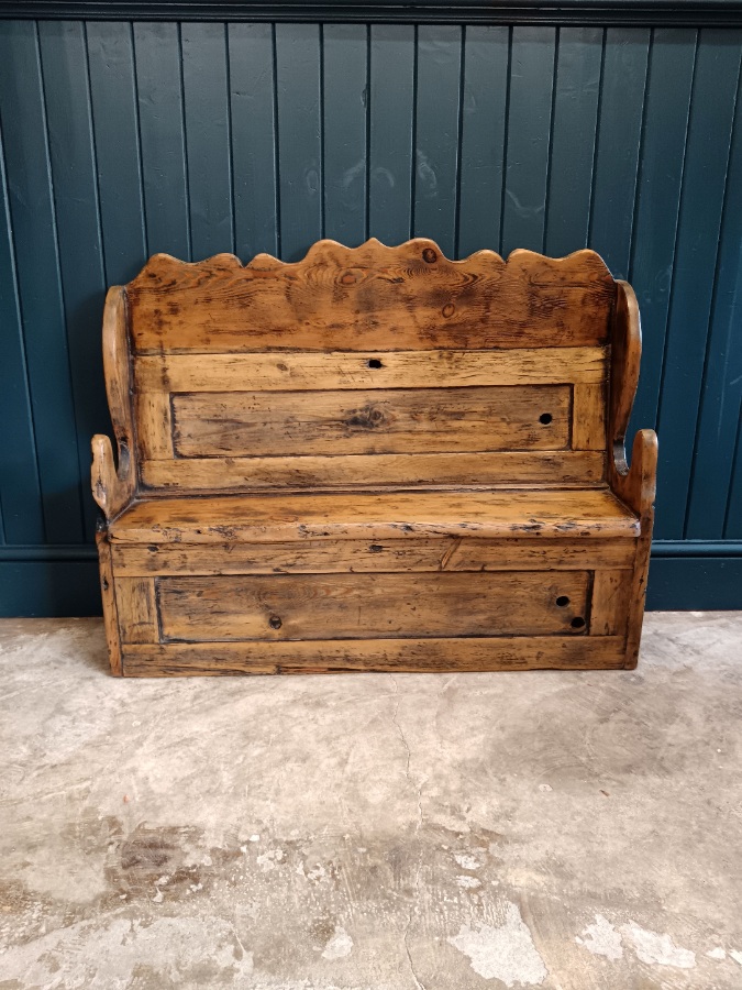 Slim Antique Country Pine Elm Settle Hall Bench (6).jpg